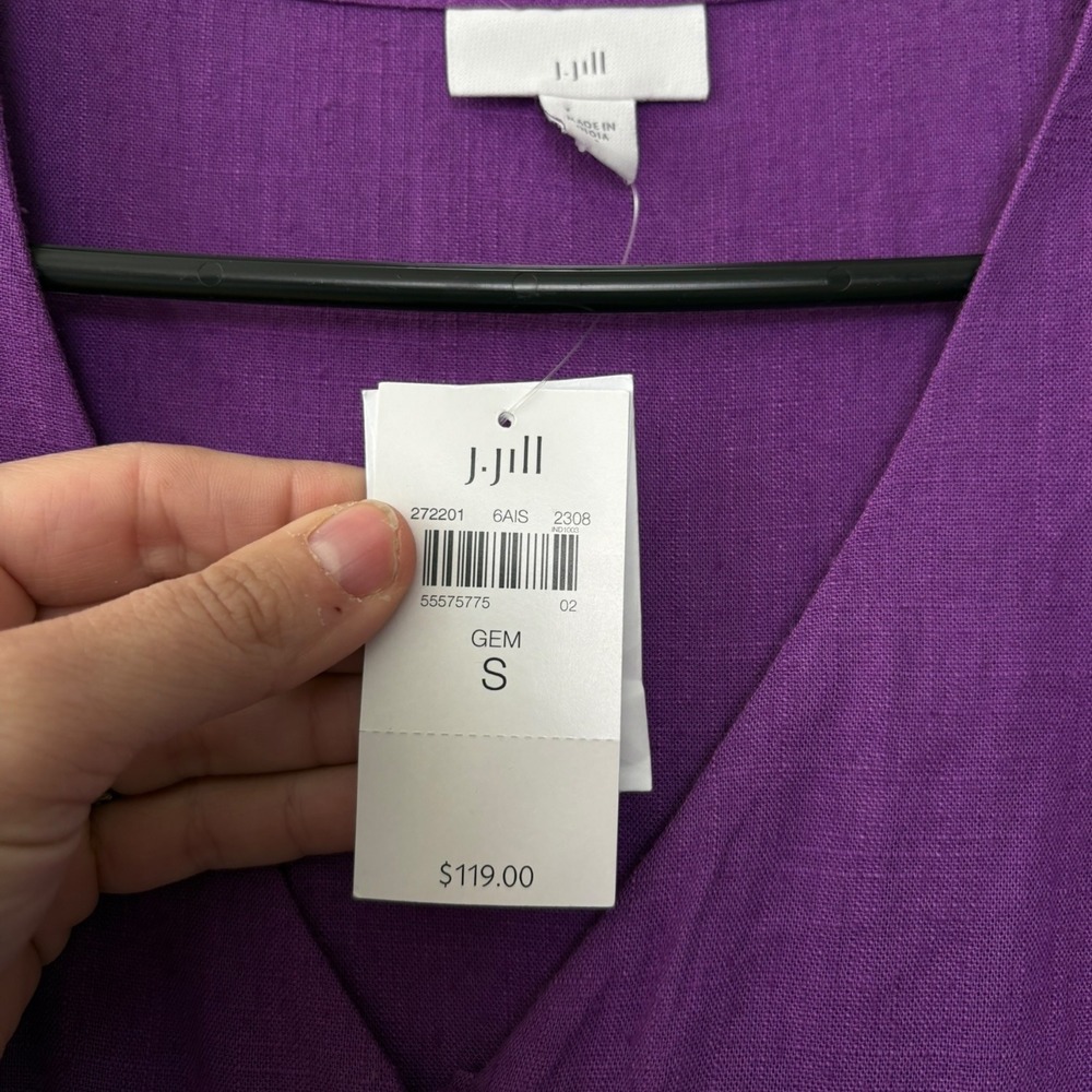 J. Jill Purple Linen Blend Midi Dress Puff Sleeve Button Front V Neck NWT Size S - Picture 5 of 8